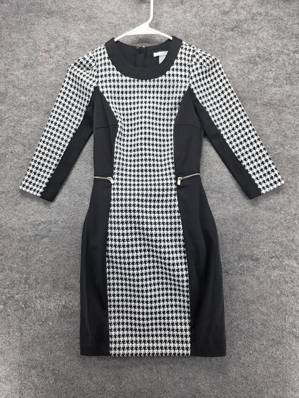 H&M Dress Womens 2 Black Houndstooth Sheath Pencil 3/4 Sleeve Zip Pockets